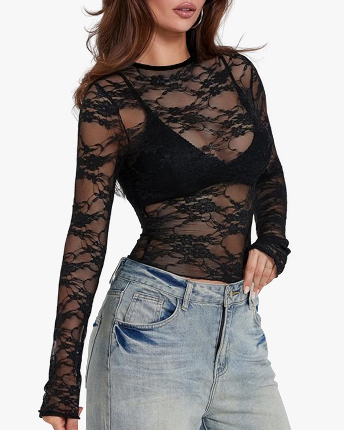 A AGROSTE Women's Mesh Long Sleeve Top Sexy See Through Lace Blouse with Floral Embroidery Y2K Sheer Crew Neck Shirt - Image 5