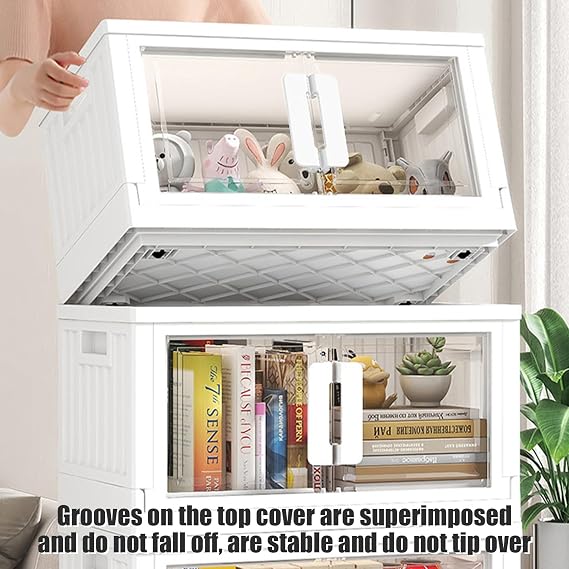 Stackable Storage Bins with Double Doors, Transparent Storage Box, White Closet Organizers and Storage, Space Saving Thick Folding Storage Box For Kitchen Dorm Room Bathroom (L)