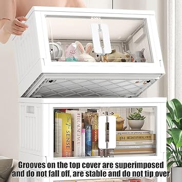 Stackable Storage Bins with Double Doors, Transparent Storage Box, White Closet Organizers and Storage, Space Saving Thick Folding Storage Box For Kitchen Dorm Room Bathroom (L)