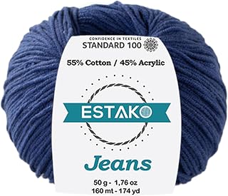 Estako Jeans, 55% Cotton 45% Acrylic Amigurumi Yarn, Soft, Fine/Sport (2) for Crochet and Knitting 1.76 Oz (50g) / 174 Yrds (160m) (1020 - Navy)