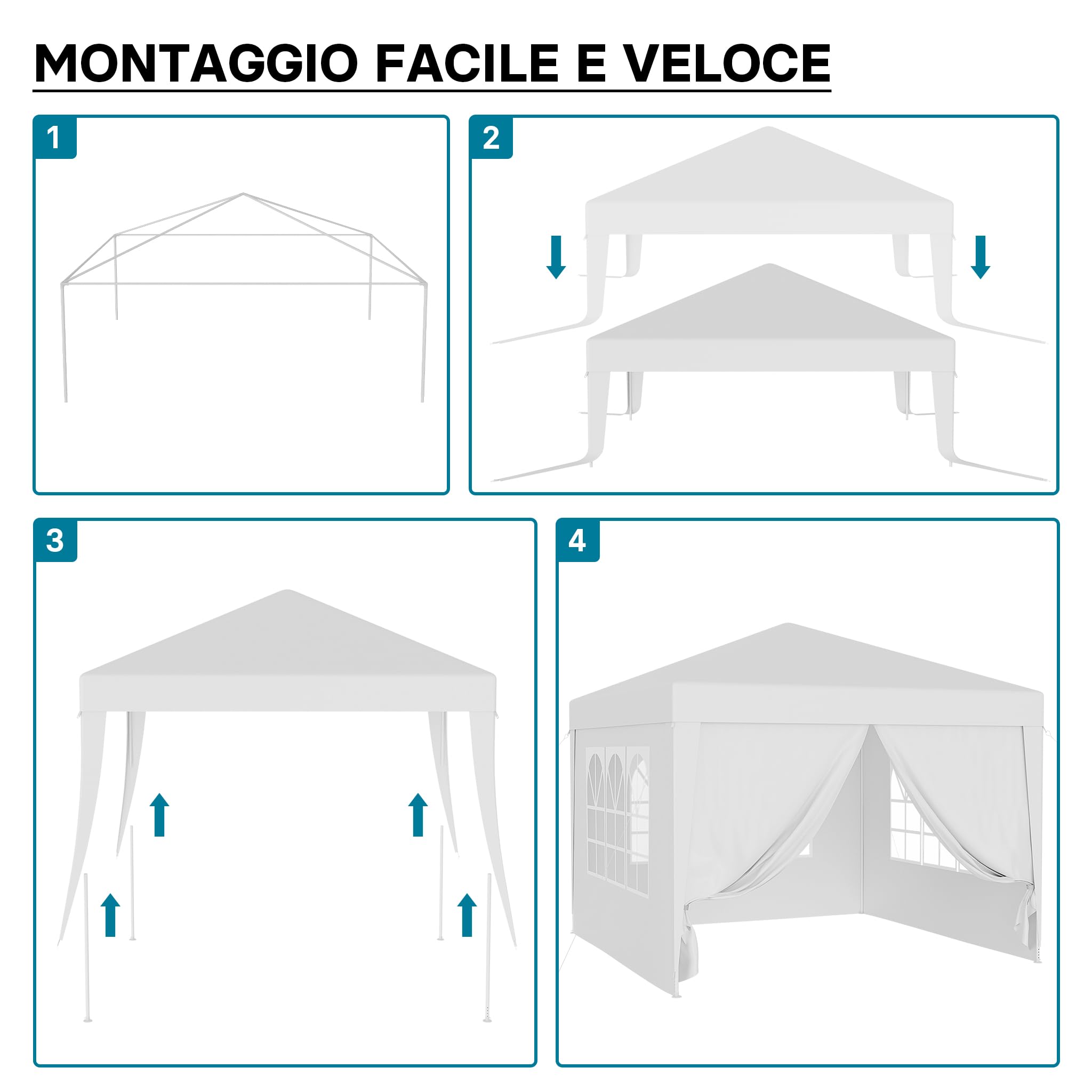Wiltec Gazebo 3x3 m bianco protezione UV 50+ tendone da giardino lati rimovibili tenda da festa finestre