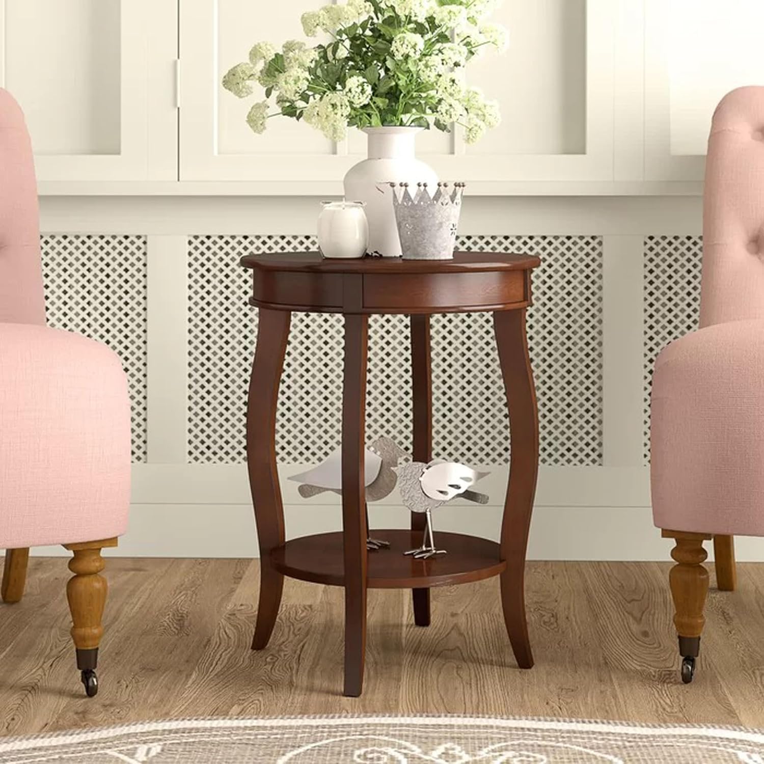 Classic White Round Side Table with Open Shelf Storage (Walnut)-image-27