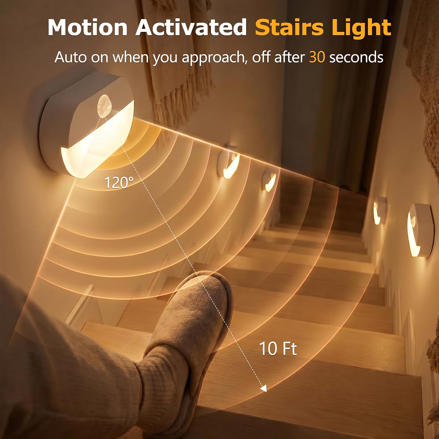 10 Pack Motion Sensor Stair Lights Indoor, Automatic Activated Closet Lights Battery Operated, Wireless Hallway Lights with Warm White, Portable LED Night Light for Bedroom, Under Cabinet, Kitchen
