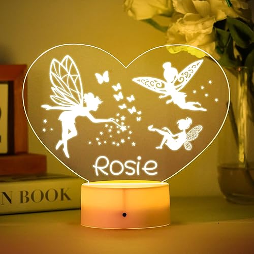 VEELU Luz nocturna con nombre personalizado con hada rosa, luz nocturna personalizada para bebé, texto grabado, luz individual para niños, princesa,