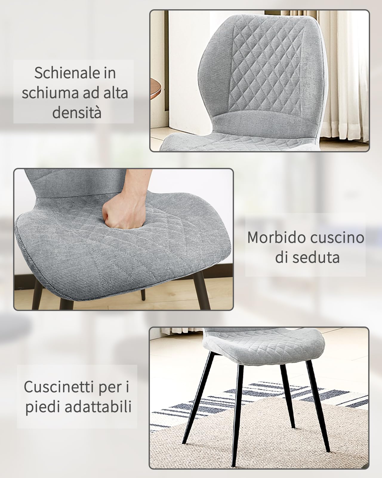LEWE Set di 4 Sedie da pranzo in lino, stile moderno a scacchi con gamba in metallo, imbottite, sedia da cucina senza braccioli per ristorante/soggiorno/camera da letto, [grigio]