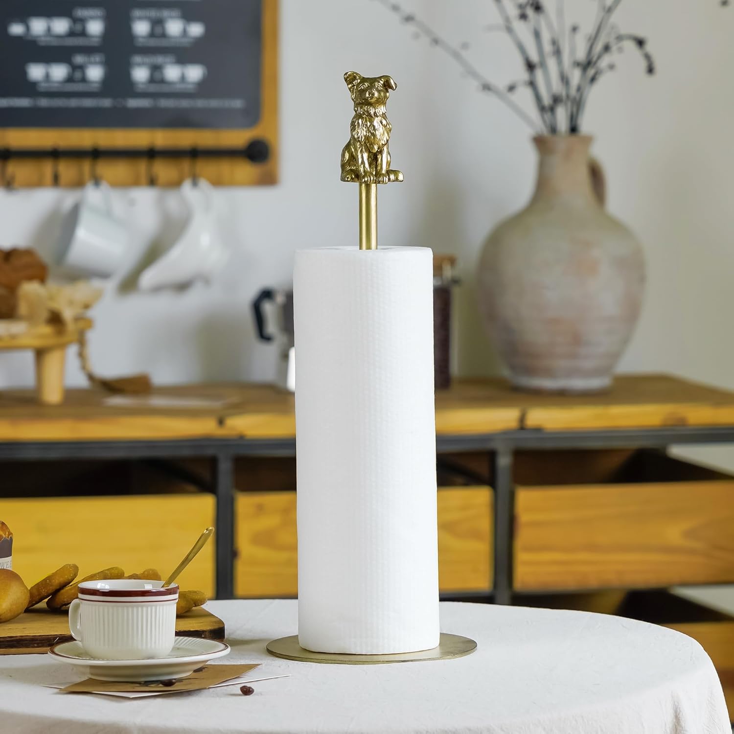 Golden Dog Paper Towel Holder – Enchanting Decorative Accent with Removable Figurine, Dog Tissue Towel Display Stand Paper Holder for Kitchen Countertop Home Decor