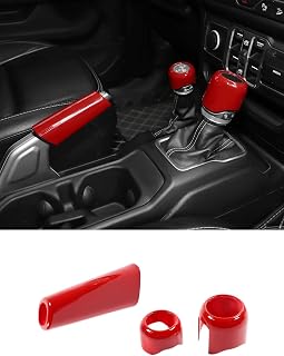 Savadicar Red Interior Accessories - Handbrake & Gear Shift Knob Trim Set for 2018-Present Jeep Wrangler JL JLU 4XE & Gladiator JT - Solid Color Interior Decor Upgrade Option, 3-Piece