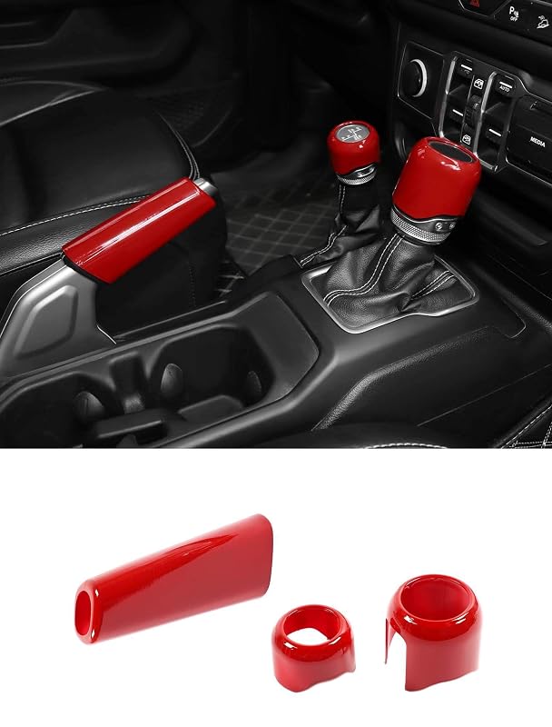 Kit de Acabamento para Manopla de Câmbio e Freio de Mão Savadicar Vermelho para Jeep Wrangler JL JLU 4XE e Gladiator JT 2018 em diante, 3 peças