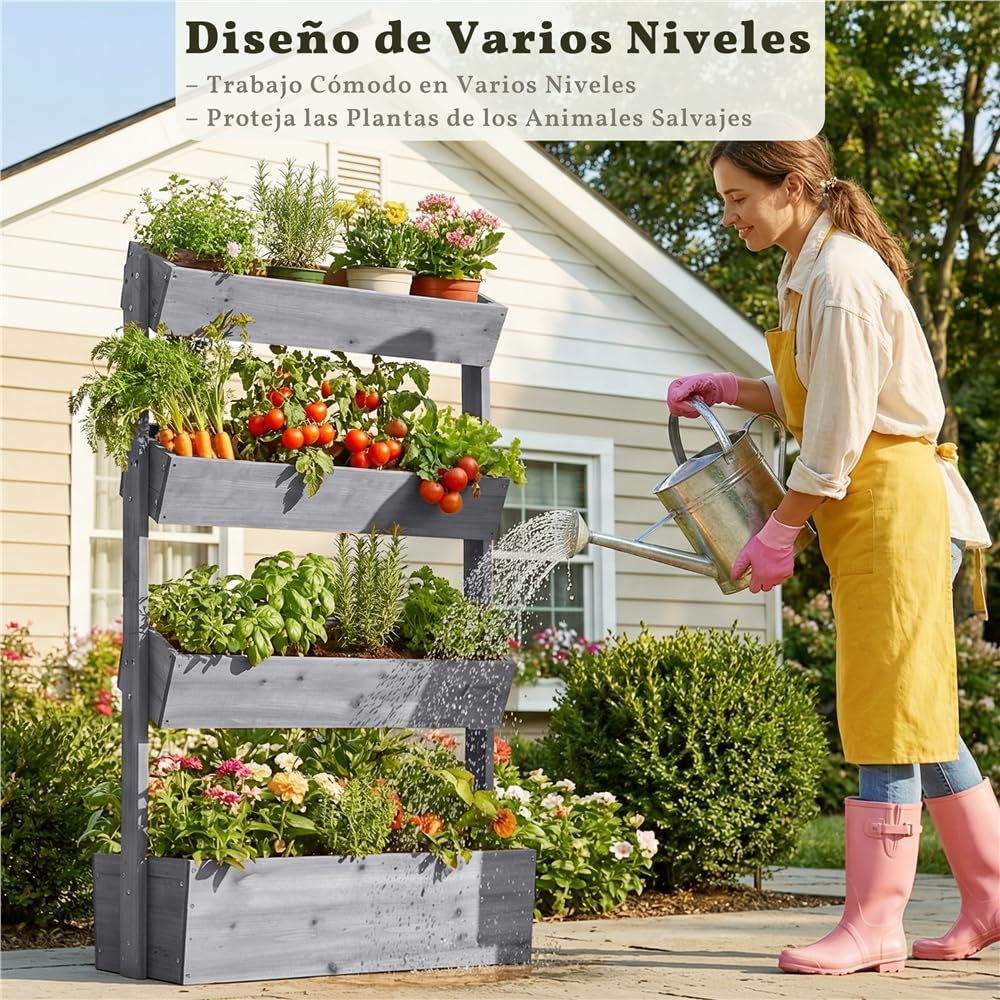 Yaheetech Vertikal Hochbeet mit 4 Etagen, 84,5×45×140,5 cm Pflanzbeet mit Entwässerungslöcher & Pflanzvlies, Tannenholz Wetterfest, Frühbeet Gartenbeet Kräutertreppe für Garten Balkon, Grau