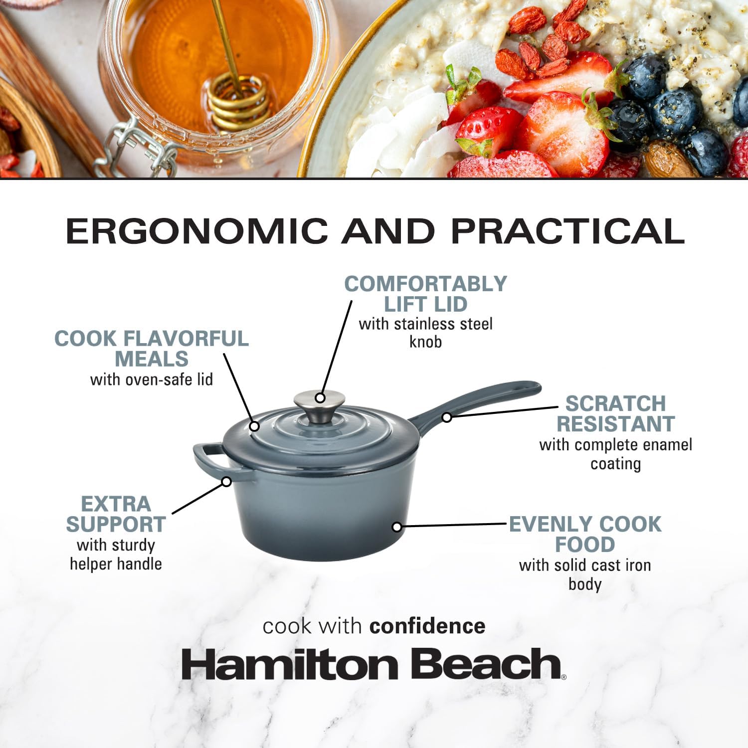 Hamilton Beach Enameled Cast Iron Sauce Pan 2-Quart Slate, Cream Enamel coating, Pot For Stove top and Oven Cooking, Even Heat Distribution, Safe Up to 400 Degrees, Durable