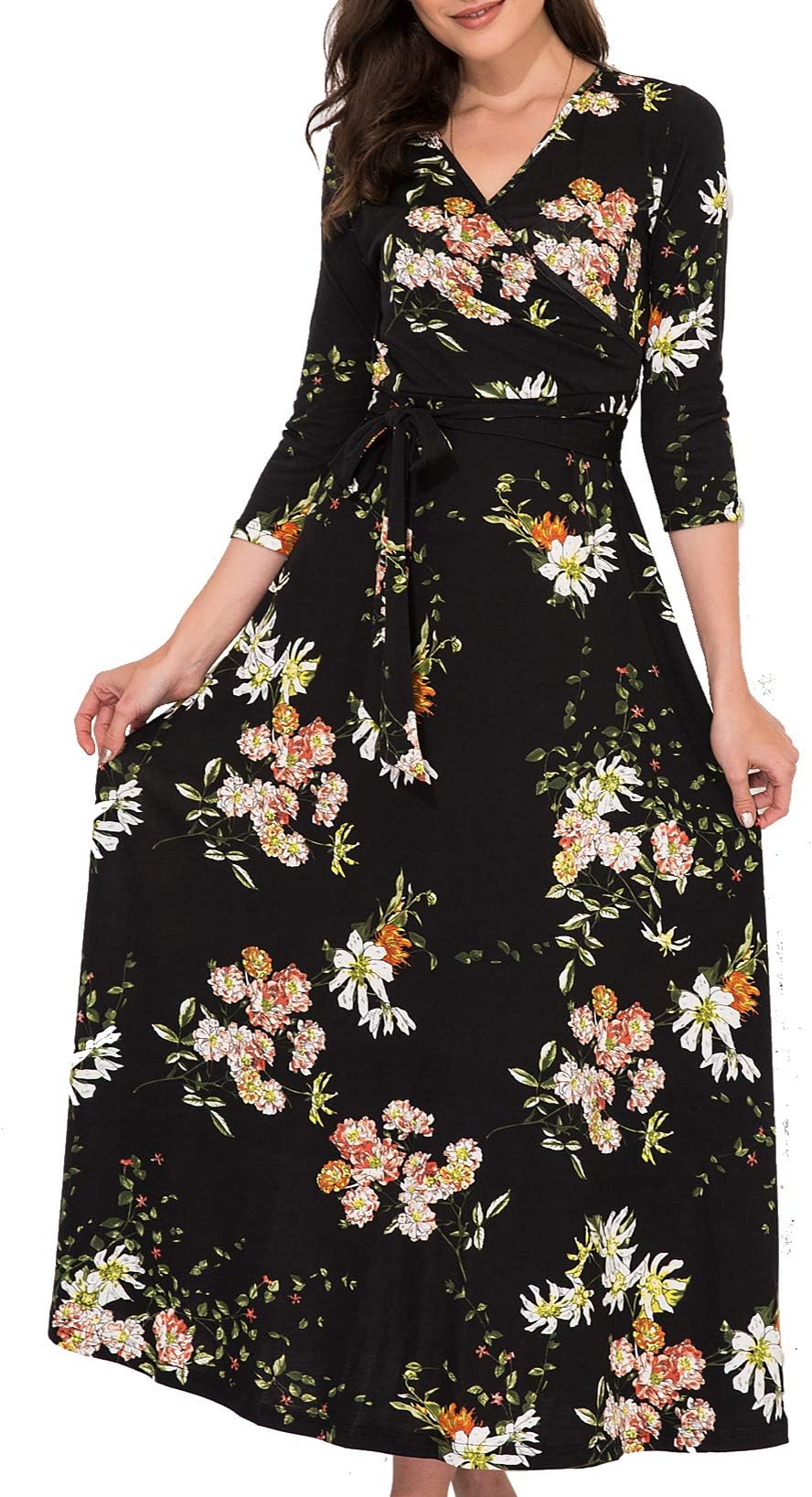 Aphratti Womens 3/4 Sleeve Faux Wrap Maxi Dress Floral Fit Flare V Neck Long Dresses Flower Black Small