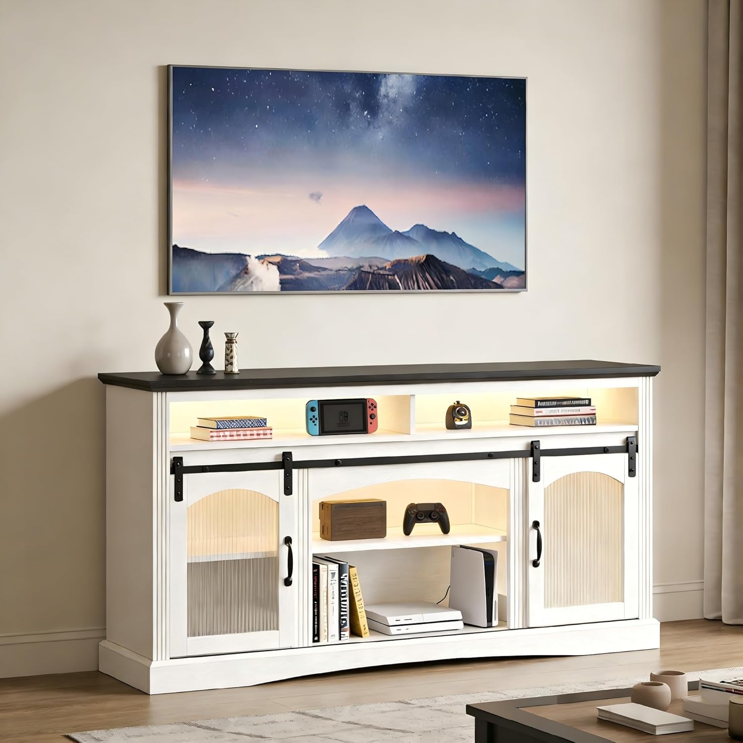 Maupvit 65 inch TV Stand with Led Light, 33 Inch Tall Entertainment Center Farmhouse Console Table with Glass Barn Doors & Adjustable Shelves, Wood Television Stands for Living Room, Home Theater