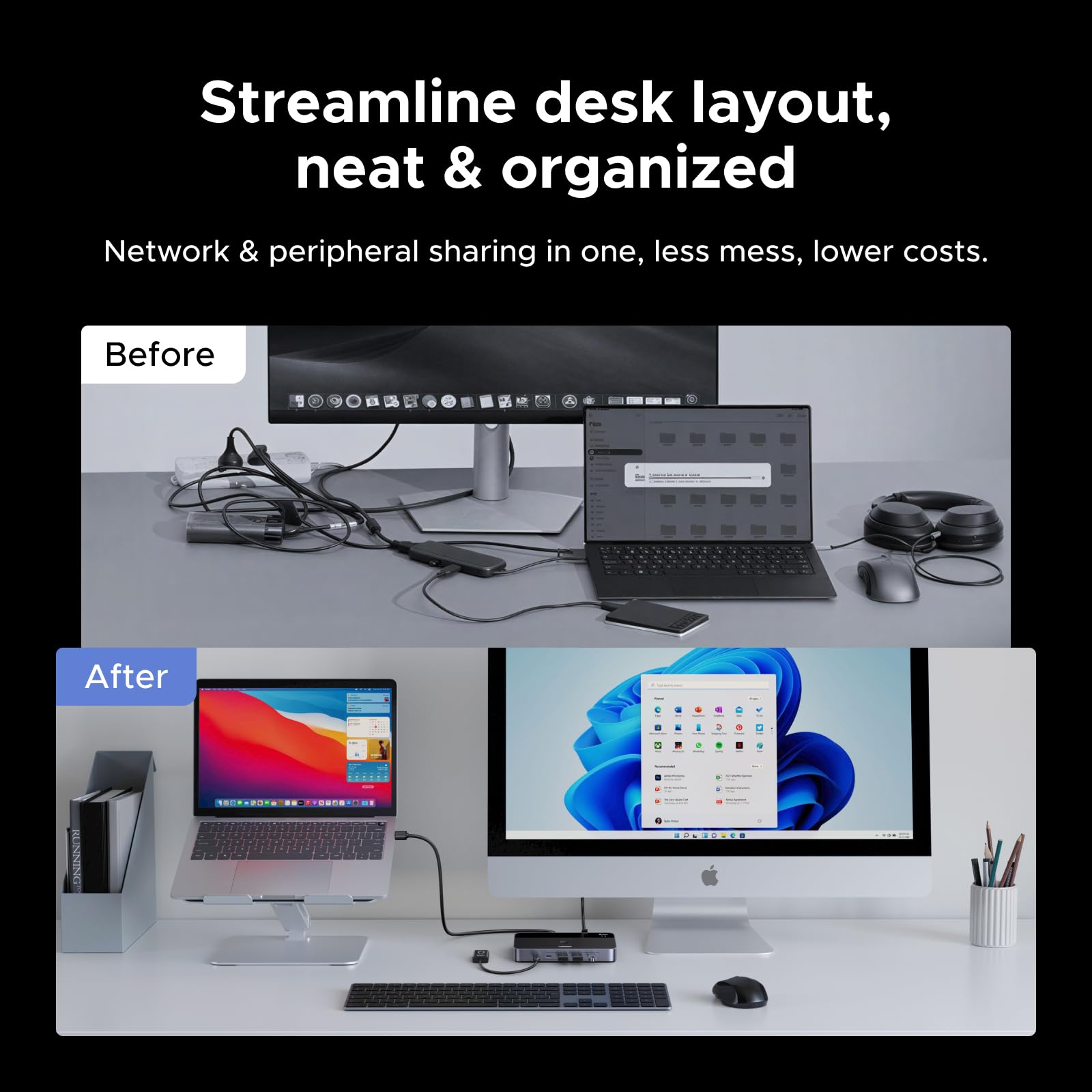 Przełącznik USB UGREEN dla 2 komputerów z portem RJ45, USB 3.0 z 2 wejściami i 4 wyjściami, w zestawie pilot zdalnego sterowania, plug & play, kompatybilny z systemami Windows/Mac/Linux itp.