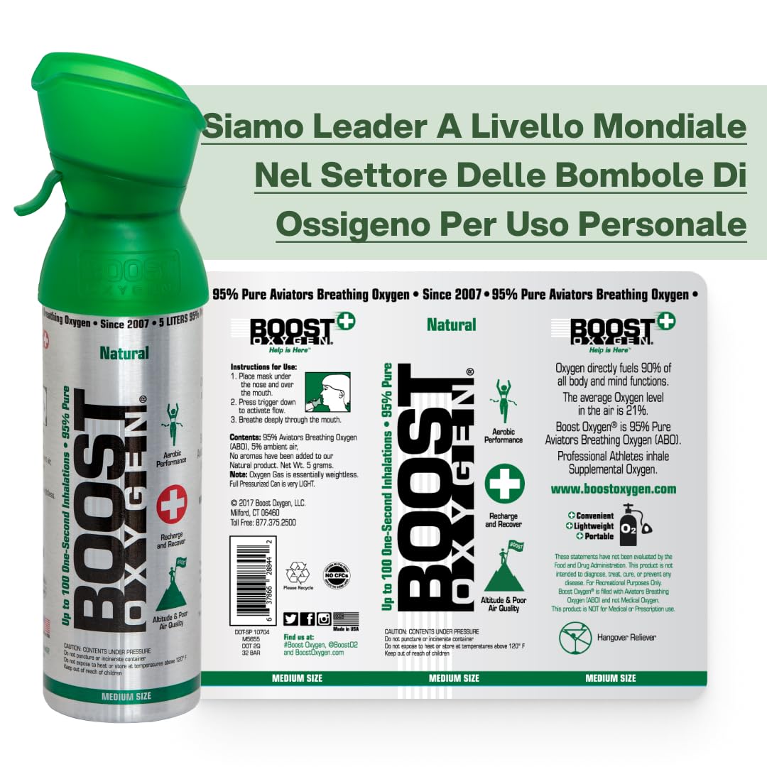 Boost Oxygen - Bombola di Ossigeno Portatile - Bomboletta di Ossigeno Puro e Naturale al 95% - Concentrazione, Recupero, Energia, Umore, Medio - 30Lt, 6x5Lt (6x Pacchi - 600 Inalazioni) - Naturale | Bomboletta di Ossigeno Puro al 95% Portatile per Recuper