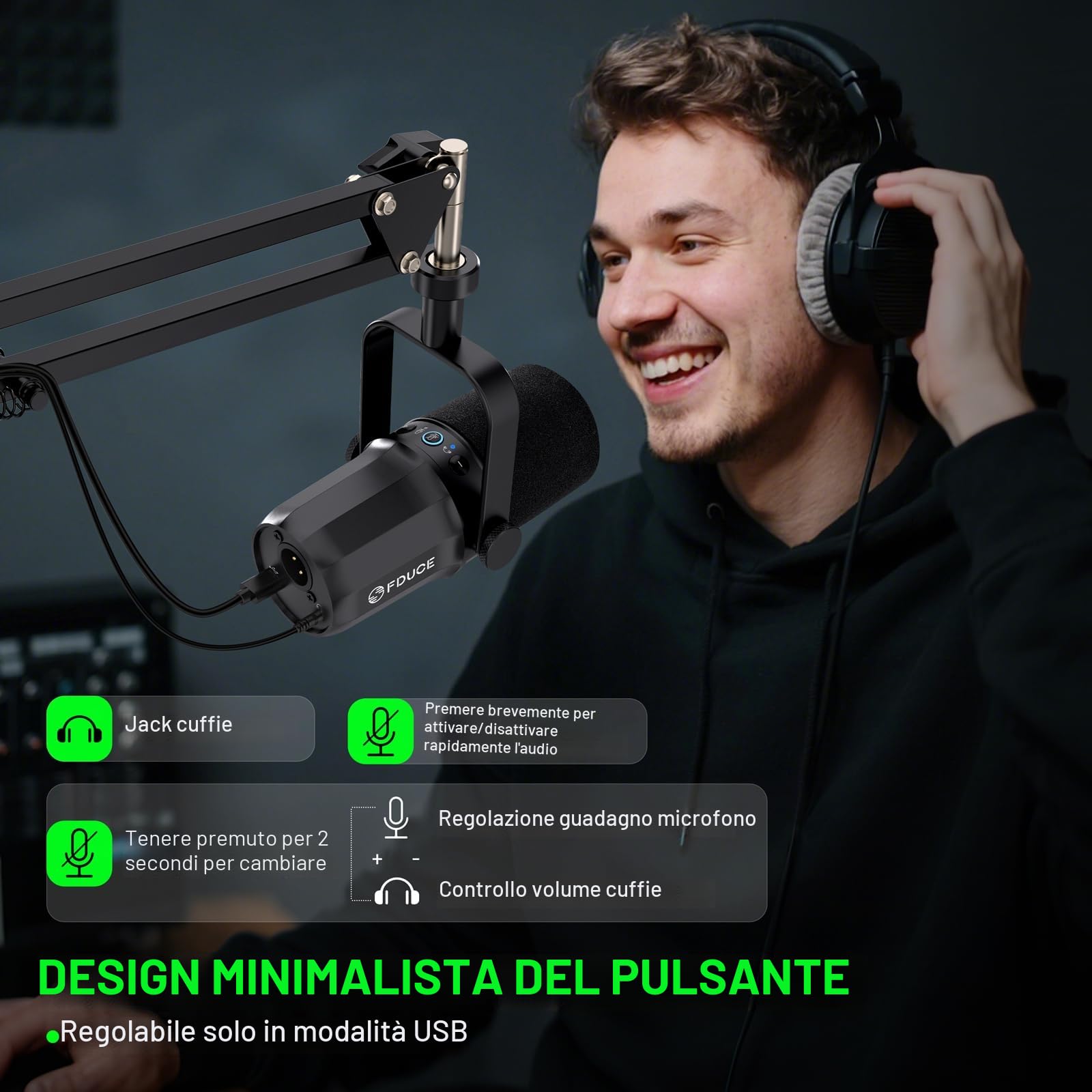FDUCE SL40+ Microfono dinamico, kit microfono USB/XLR per podcasting, giochi e streaming, uscita cuffie integrata, pulsante mute, pulsante guadagno