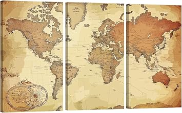 LSIUHWUWI 3 Pieces Canvas Wall Art Old World Map Wall Art Ancient Map of the World Bedroom Decor Vinitage Map Wall Art for Living Room Map Bathroom Decor Wall Art Framed Ready to Hang 20X40X3 INCH