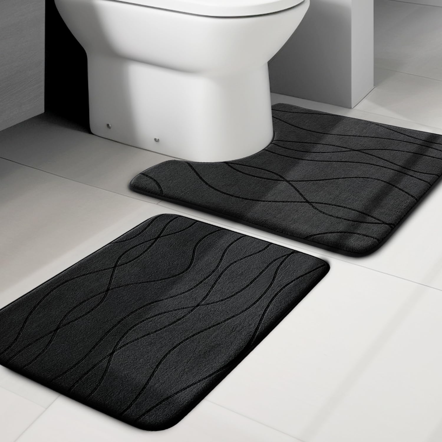 YIHOUSE Memory Foam Black Bathroom Rug Sets 2 Piece, Ultra Absorbent Bath Mat for Bathroom - Non-Slip Machine Washable & Dry Quickly, 2 Piece Bathroom