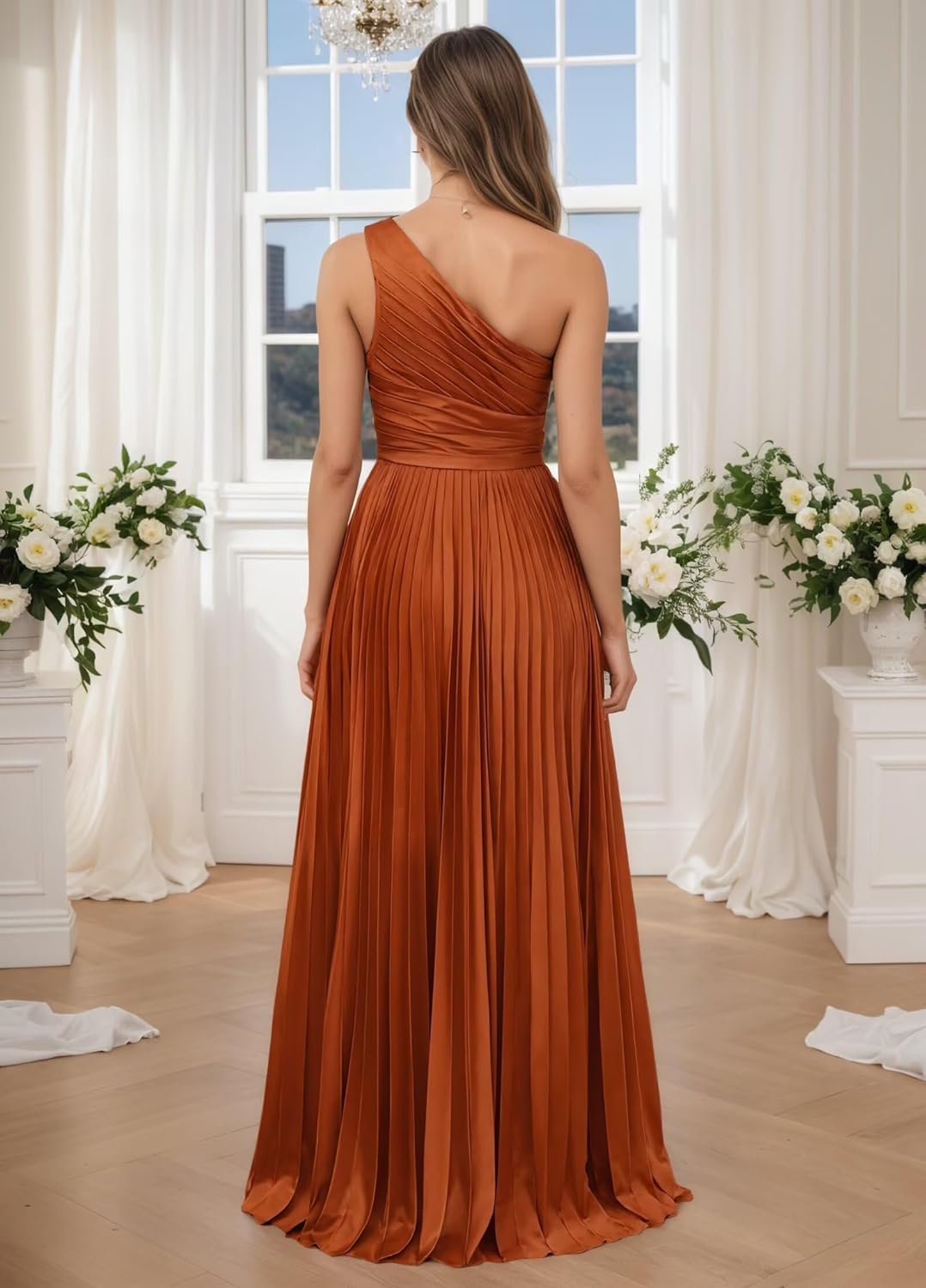Women's One Shoulder Satin Bridesmaid Dresses Long for Wedding Pleated Corset Formal Wedding Guest Dress Fall - Image 3