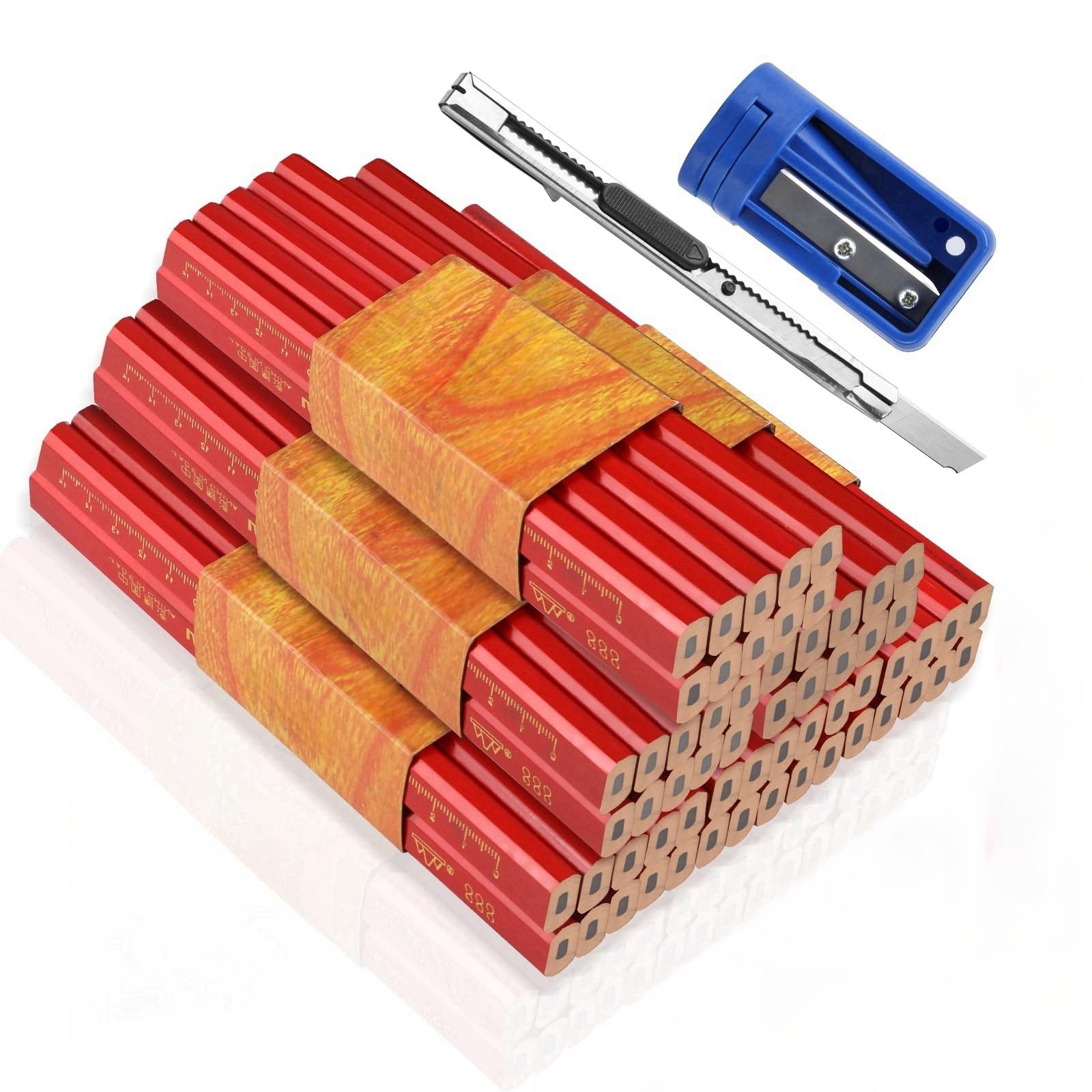 60 Pcs Carpenters Red Flat Builders Thick-Core Construction Joiners Pencil Set with Sharpener and Art Knife
