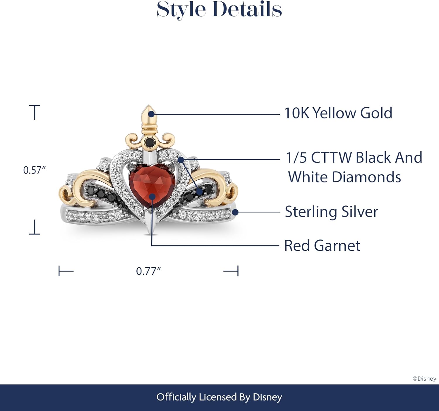 Jewelili Enchanted Disney Fine Jewelry 10K Yellow Gold and Sterling Silver with 1/5 Cttw Diamond and Red Garnet Evil Queen Ring