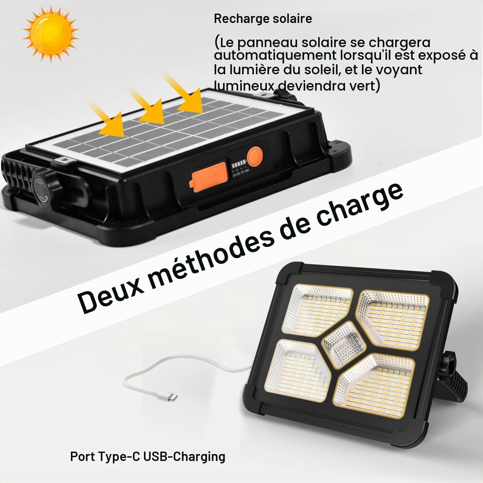iodoo 200W Projecteur LED Rechargeable Avec Télécommande, Lumière de Travail Lanterne Portable avec Panneau Solaire, 20600mAh USB Lampe Rechargeable, pour Camping, Chantier, Garage