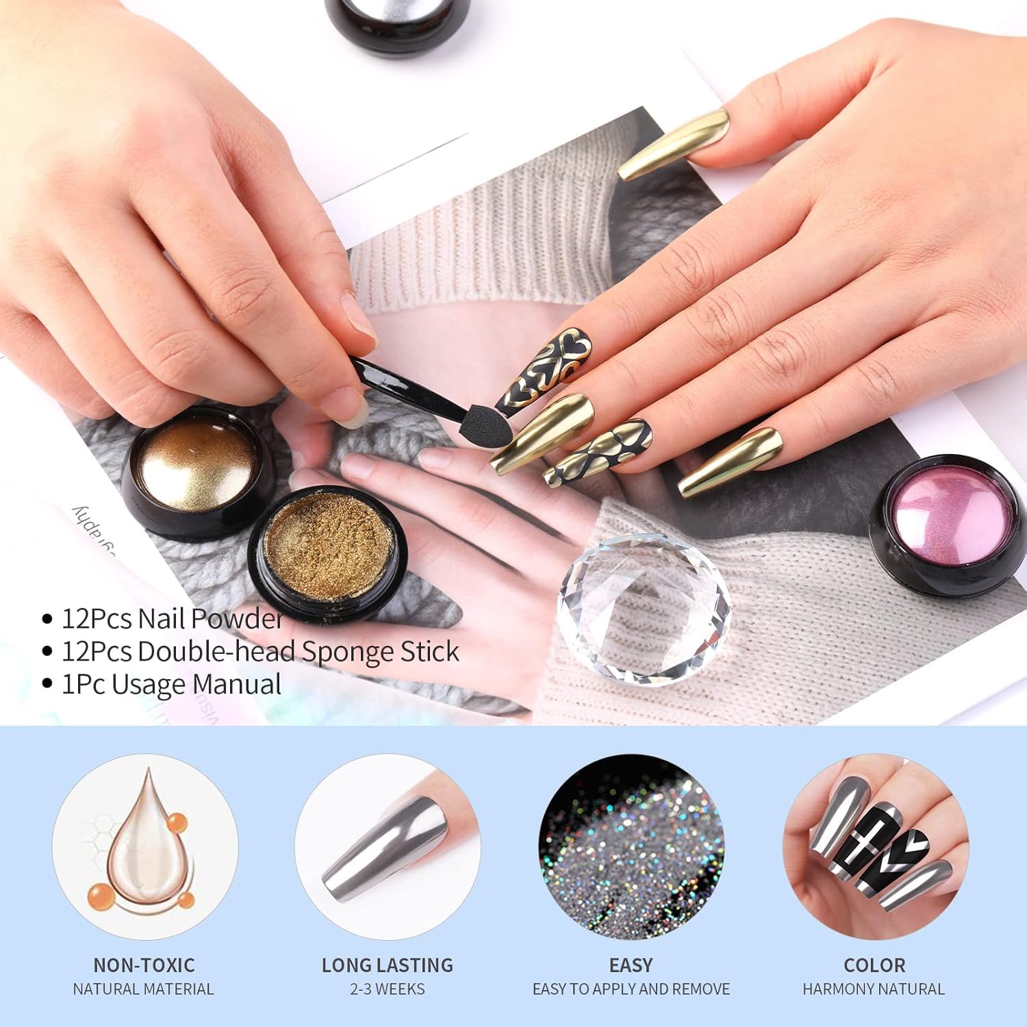 NAILWIND Colors Chrome Nail Powder Set, Gold, Silver,Red,Pink Reflective Glitter Metallic Mirror Effect for Nails Art Design 3D Holographic Silver Rose Gold Pigment 4 - Pcs set, - Image 6 thumbnail