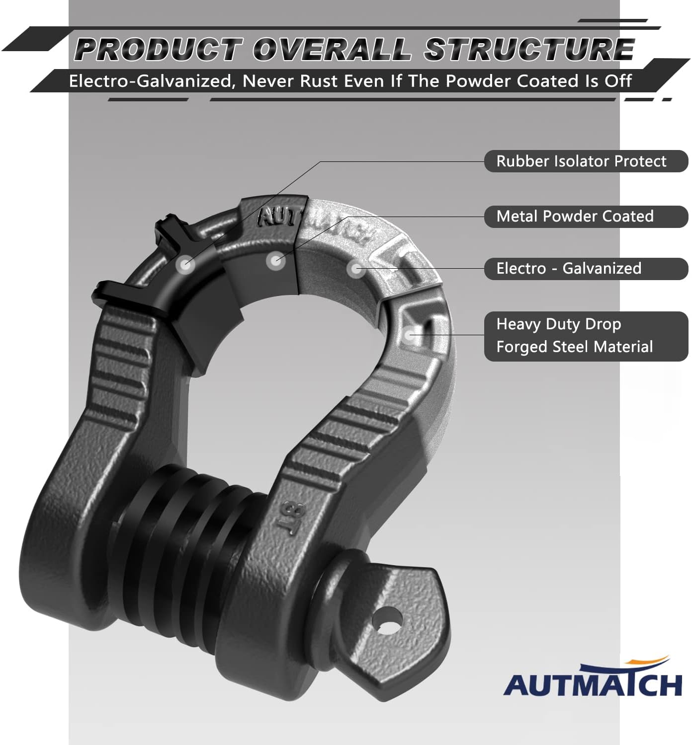 AUTMATCH Kinetic Recovery Tow Rope 1" x 20FT with 3/4" Mega D-Ring Shackle, Heavy Duty Offroad Snatch Strap 48000Lbs for 4x4 Off-Road Vehicle, Truck, Trailer, ATV, UTV, Gray