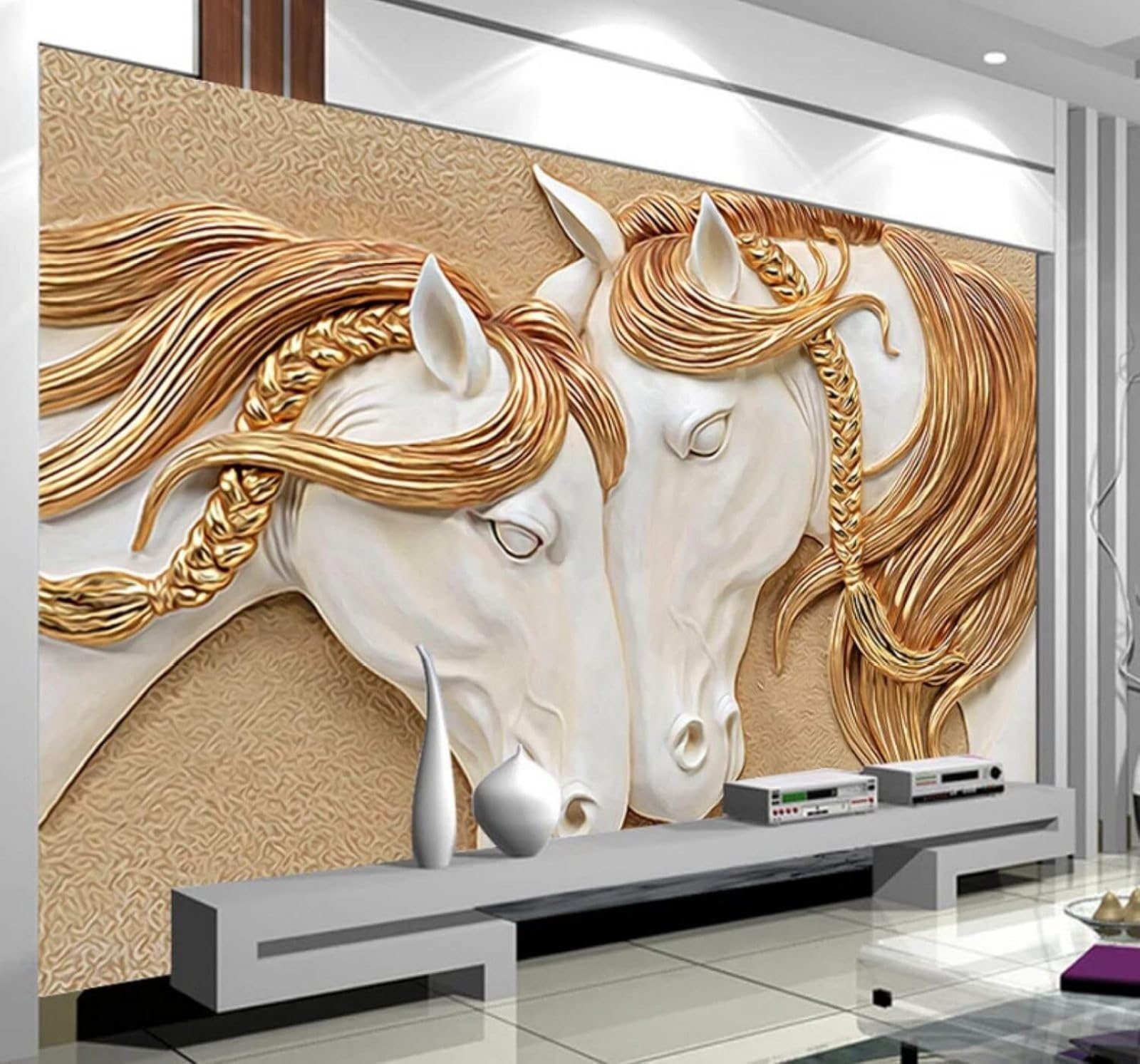 XLMING Three Dimensional Gold Relief Animal White Horse 3D Wallpaper Luxury Home Dining Decor Paste Sofa Living Room The Wall for Bedroom Mural-200cm×140cm