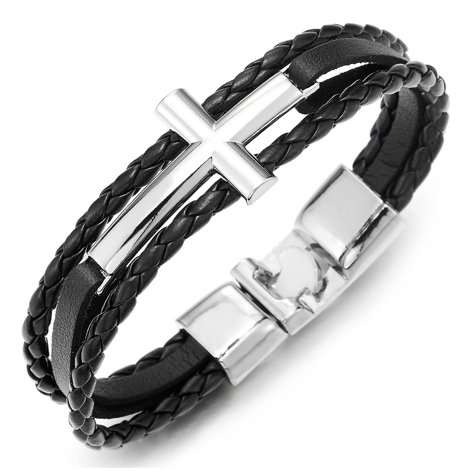 COOLSTEELANDBEYONDIado Horizontal Lateral Cruz Tres FiLas Pulsera, Pulsera Trenzado Cuero de Hombre Mujer