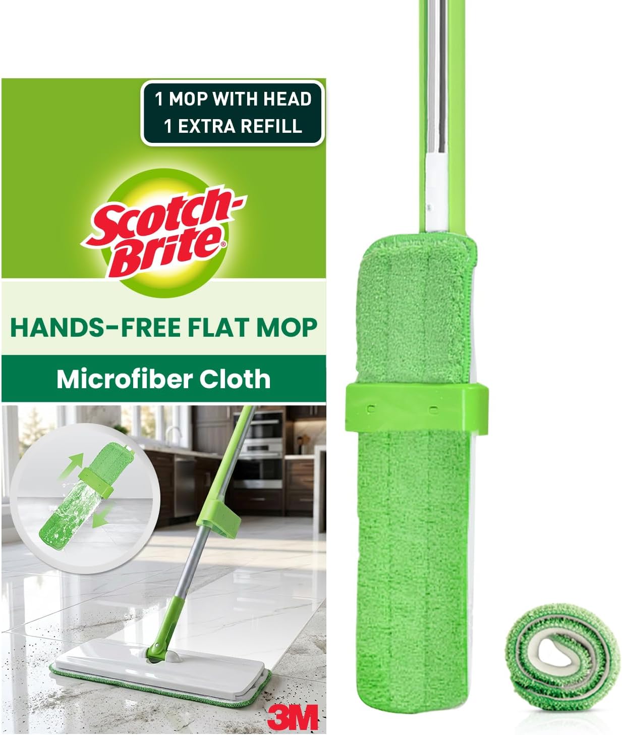 Hands-Free Microfiber Flat mop with 1 Extra mop Head Refill, Hands-Free Cleaning and rinsing, Easy Scraping, self- Stand, Discreet Design, Store in Small Spaces