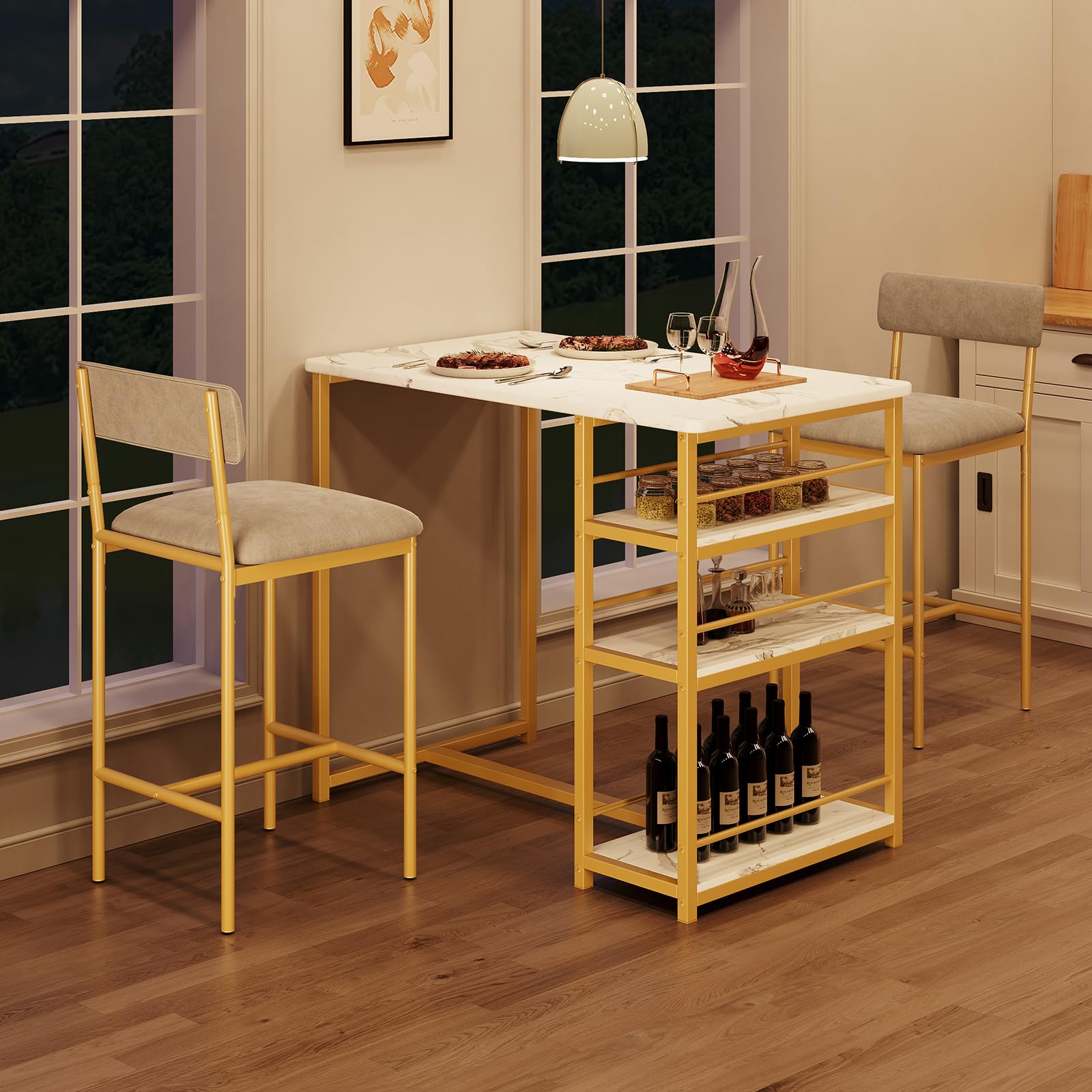 Bartisch Mit 2 Hockern, 3-Stufige Ablageflächen Für Gläser & Deko, Stabiler Stehtisch Barhockern, Essgruppe Mit Hochwertigen Polsterstühlen, Ideal Für Küche, Wohnzimmer Oder Bistro, Goldmarm