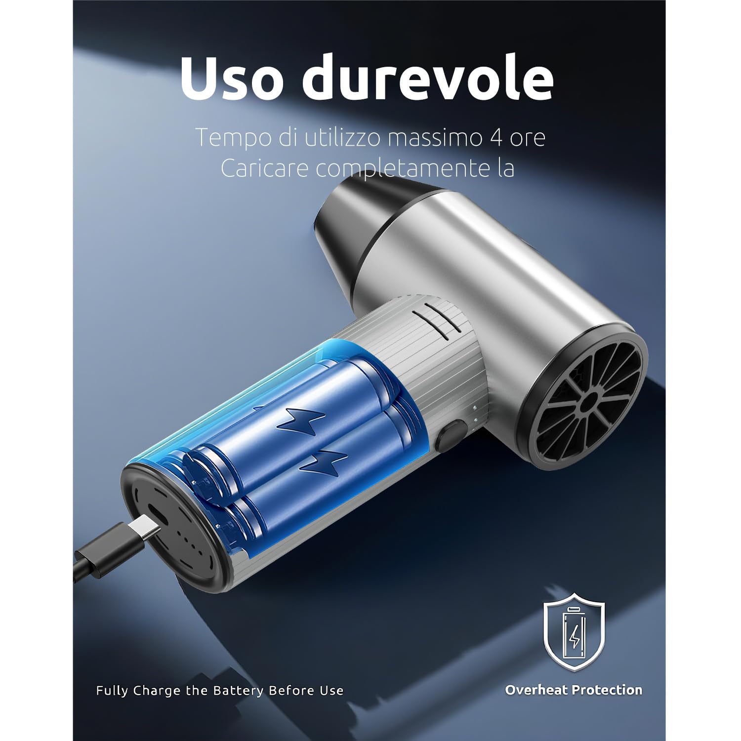 Soffiatore Aria Compressa in Metallo 270000 TR/min Spruzzo Aria Compressa con 3 Velocità regolabili, aria compressa Pulizia pc, soffiatore Batteria per Auto, Casa ed Esterno - Argento