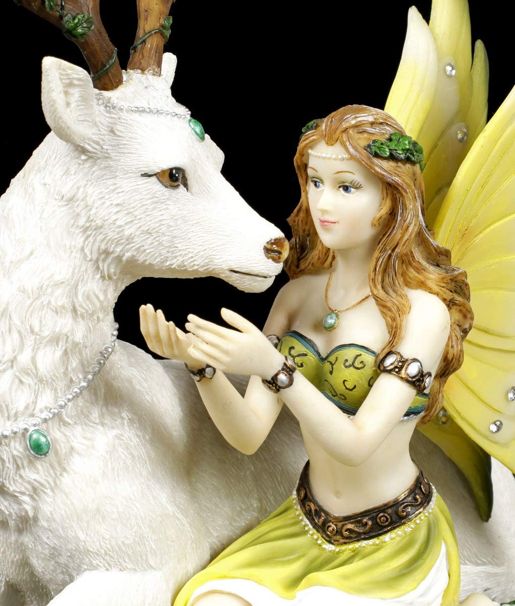 Figuren Shop GmbH Elfen Figur weißem, liegenden Hirsch - Adoration | Fantasy-Figur, mit Schmucksteinen verziert, handbemalt