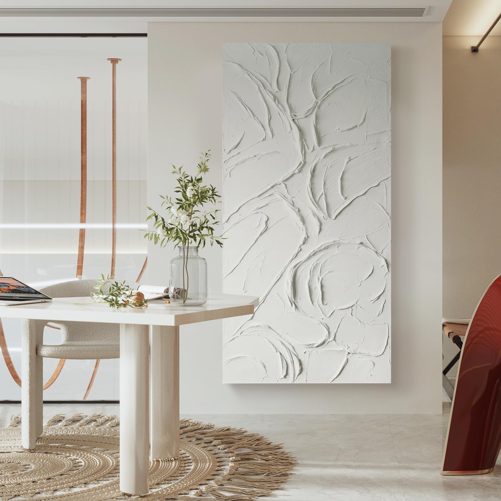 Arte de pared abstracto con textura pintada a mano, lienzo blanco, pintura al óleo moderna, 58 x 29 pulgadas, contemporánea, minimalista, grande, decoración de pared horizontal/vertical 6