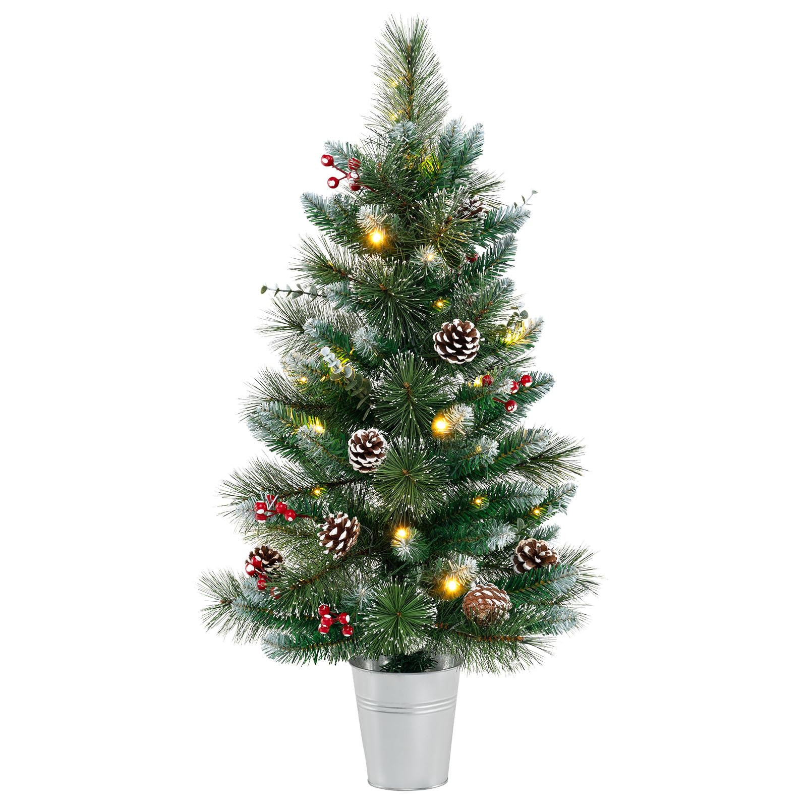 COSTWAY Mini Árbol de Navidad con Luces 90cm, 20 Luces Blancas Cálidas, 8 Modos, Temporizador, 81 Puntas de PVC y Pino, 5 Piñas y 8 Bayas Rojos, Árbol de Navidad Nevado Pequeño de Mesa/Escritorio
