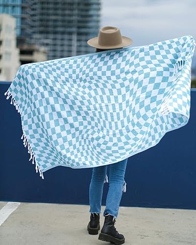 Miniatura 4 de Teema Toalla de playa turca grande  100% algodón turco  Sin arena  Secado rápido  Versátil y multiusos  The Checkmate (Aqua)