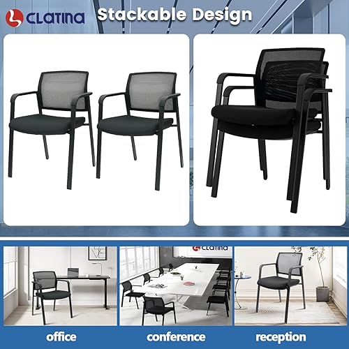 Miniatura 9 de CLATINA Silla de escritorio apilable sin ruedas, silla de sala de espera con respaldo de malla con brazo tapizado de tela y soporte lumbar