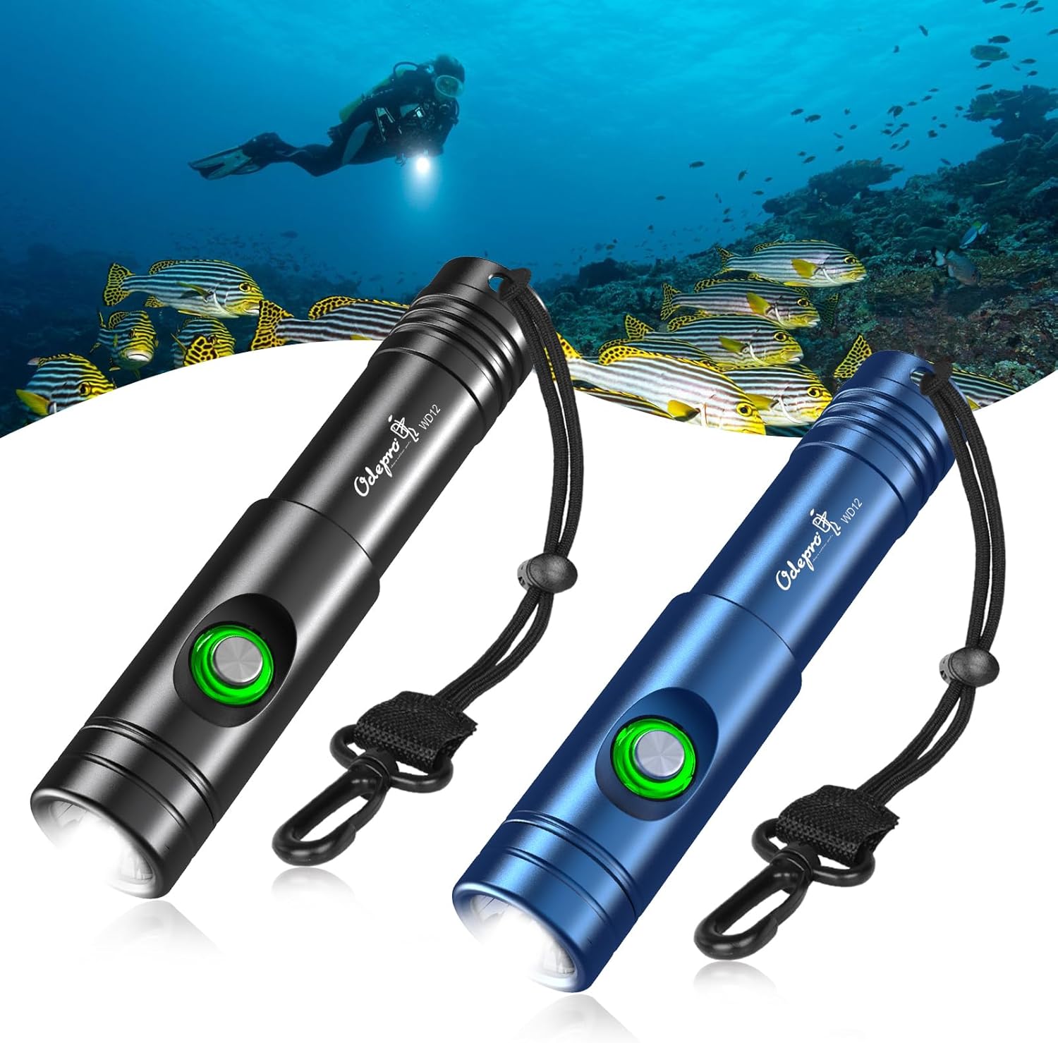 WD12 (1400 Lumens, Black) + WD12 (1400 Lumens, Blue) Professional Scuba Diving Flashlight Set Ideal for Night Diving & Cave Exploration