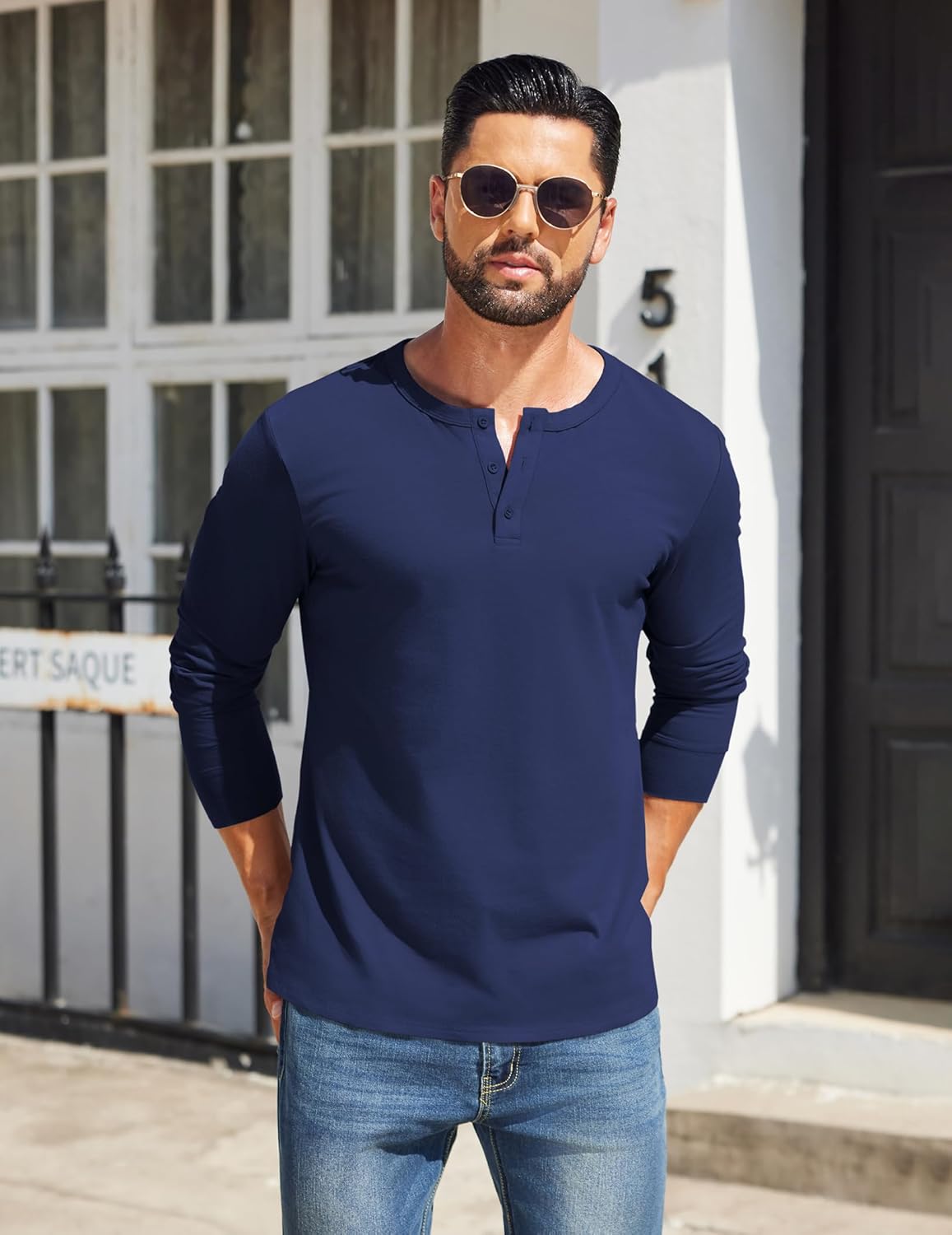 COOFANDY Mens Long Sleeve Henley Shirts Cotton V Neck Regular Fit Tshirts Athletic T-Shirts Basic Fashion Pullover Navy Blue - Image 2