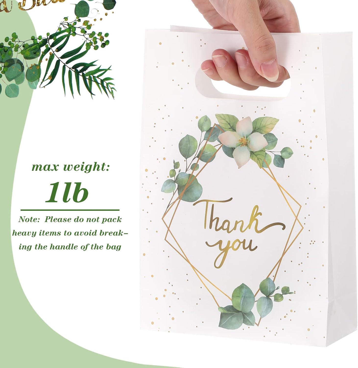 60 Pcs Greenery Eucalyptus Thank You Gift Bags With Handles - Paper Bags Bulk for Business, Party, Merchandise, Boutique, Wedding, Birthday - Image 3