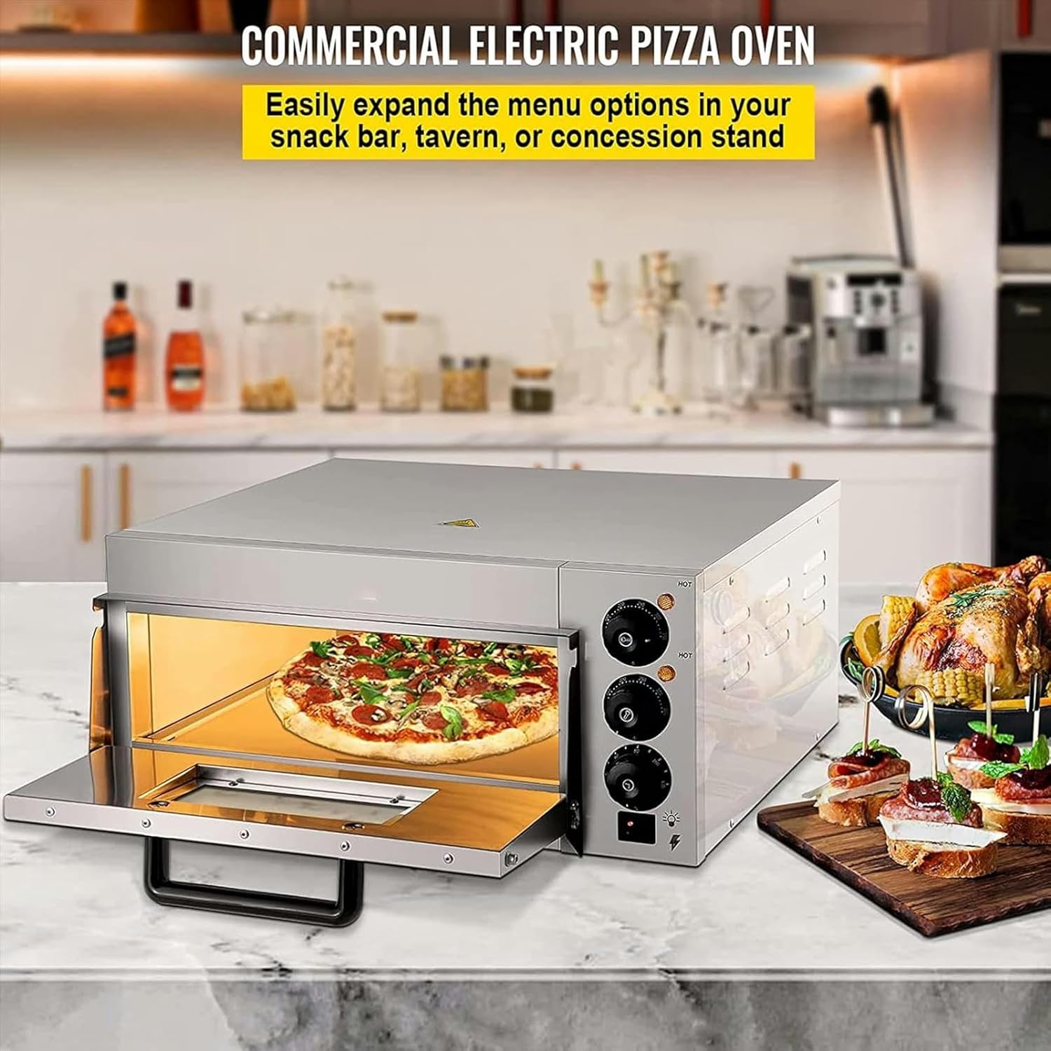 Electric Pizza Oven Maker Single Deck Kitchen Commercial Baking Fire Stone Catering with Timer,2000W,Stainless Steel