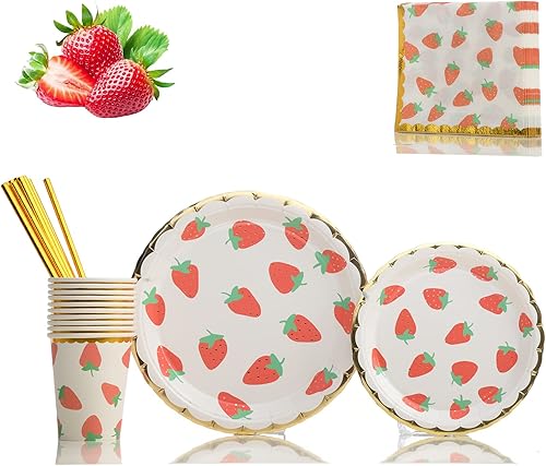 Juego de vajilla desechable de fresa, suministros para fiestas, incluye platos, tazas, popotes y servilletas para fiestas, baby shower de