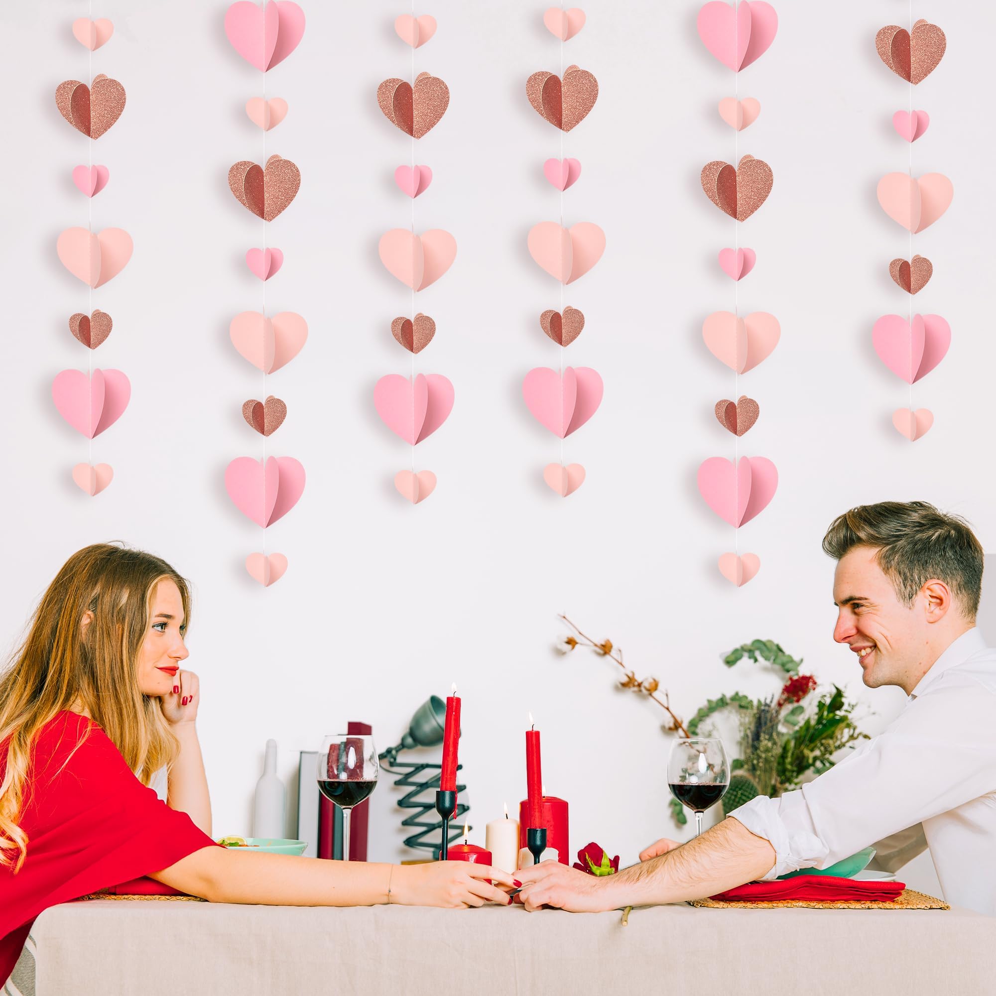 CNhoqc 4 guirnaldas de papel en forma de corazón de oro rosa 3D, serpentinas colgantes con temática rosa, guirnaldas románticas en forma de corazón para el día de San Valentín, cumpleaños, boda,