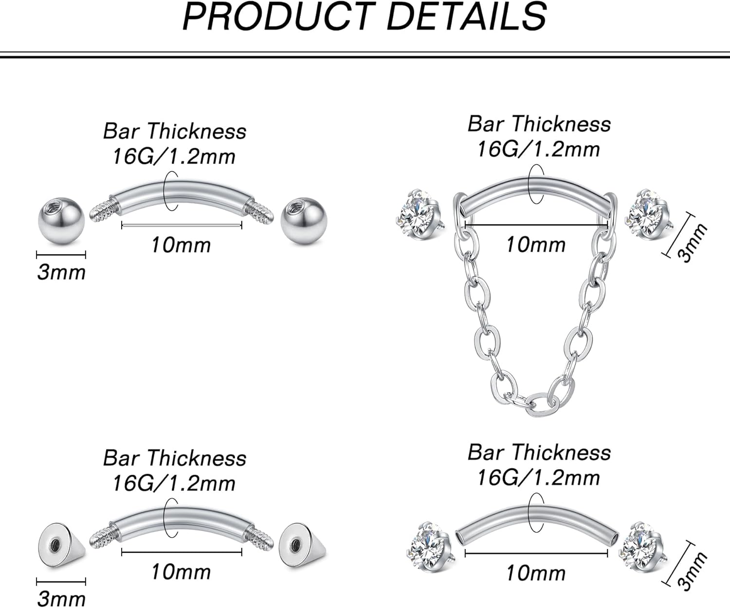 Zolure Rook Daith Piercing Jewelry 16G Eyebrow Rings for Women Rook Earring Curved Barbell Tragus Cartilage Vertical Labret Lip Piercing Jewelry Hypoallergenic - Image 3