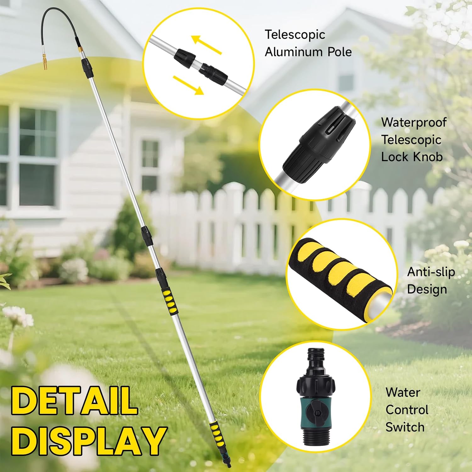 24FT Reach Gutter Cleaning Tools from Ground, Rain Gutter Cleaner Tool, Telescopic Gutter Cleaning Tool with Bendable Wand and Hose Attachment