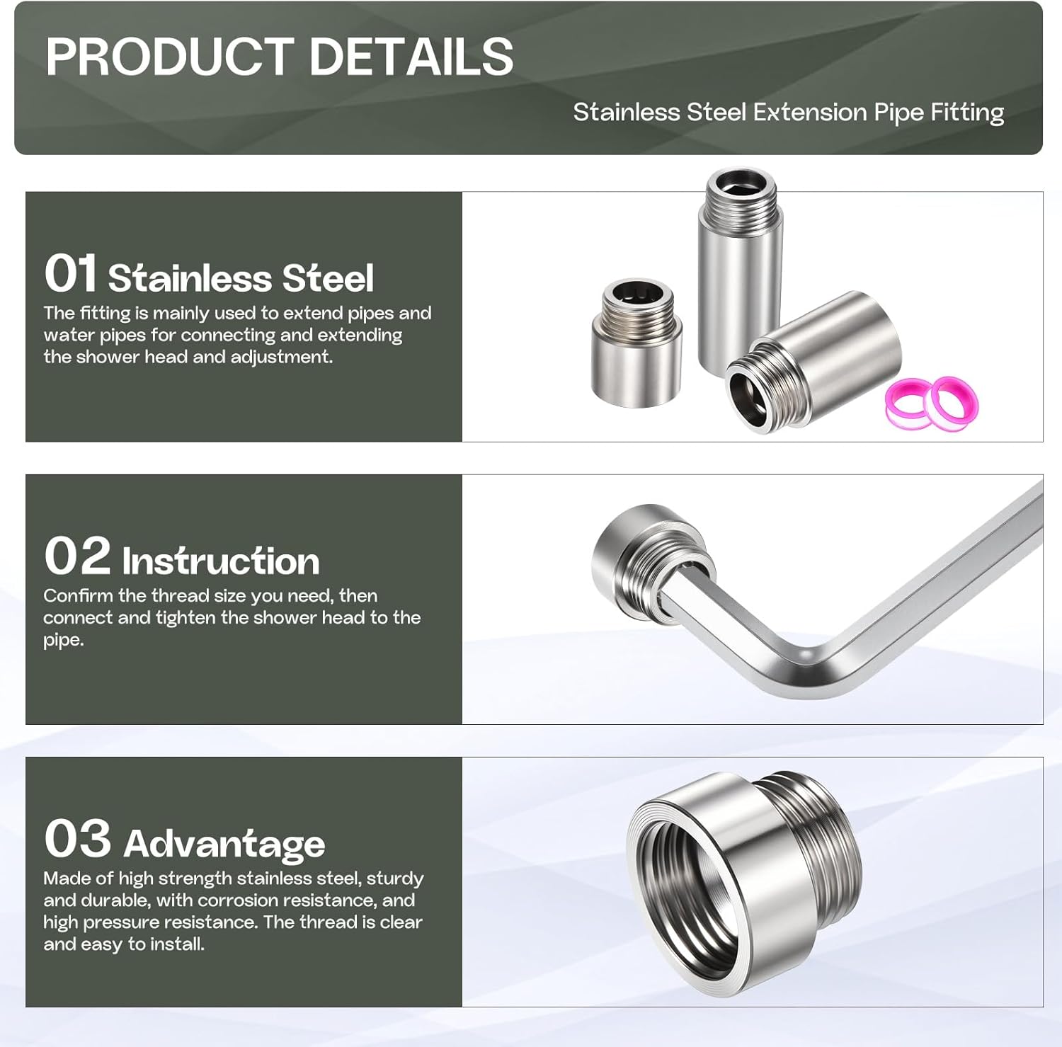 Shower Head Extension Arm, 304 Stainless Steel G1/2 Male to Female Thread 20mm/0.79" Length Extender Pipe Fitting Nipple for Showers, Faucets, and Plumbing with PTFE Thread Seal Tape 3 Pack