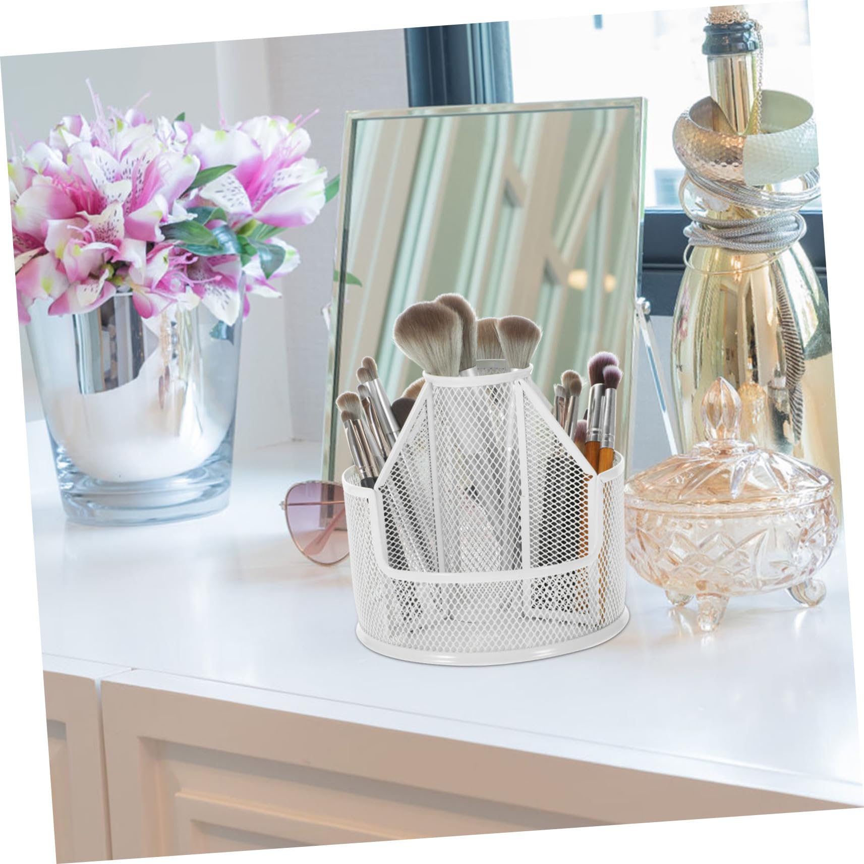 SHINEOFI Portapenne Girevole in Metallo Bianco Grande Capacità e Rotazione a 360° per Decorazioni Scuola, Organizer da Scrivania Elegante e Resistente per Cancelleria e Gioielli