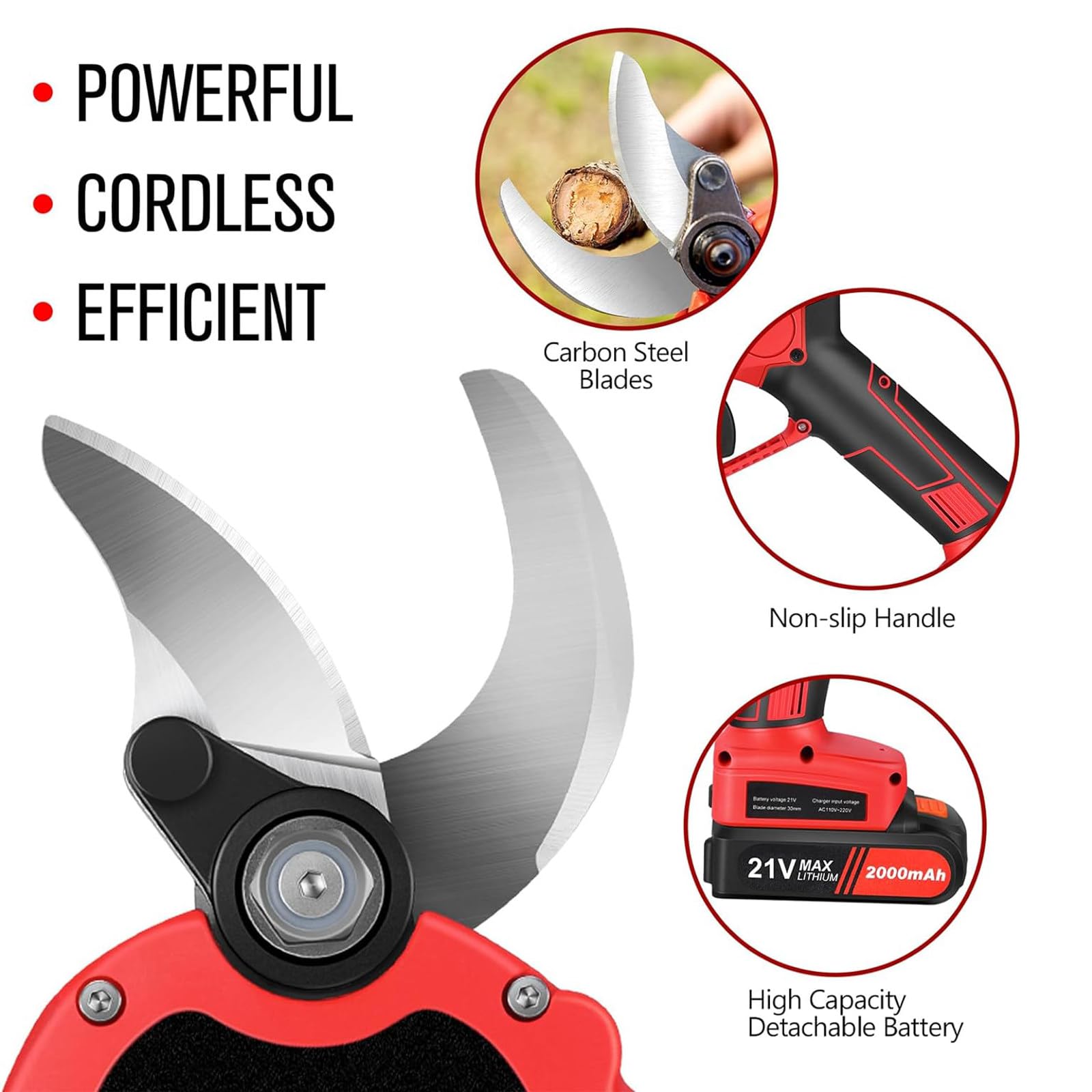 Tijeras de Podar EléCtricas, Podadora de áRboles InaláMbrica de 1,37 Pulgadas de DiáMetro de Corte con 2 BateríAs Recargables de 1,5 Ah y 2 Cuchillas, Podadora de JardineríA,incision 3.0-3.5cm-110V