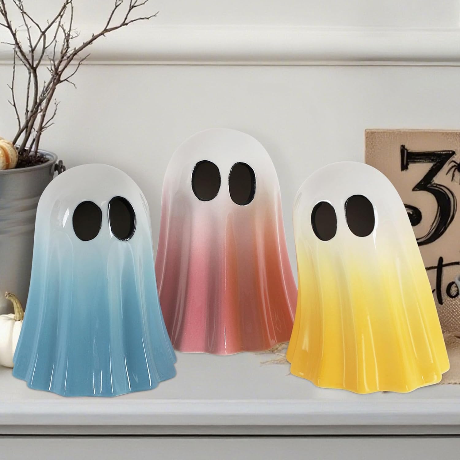 DAZONGE Halloween Ghost Decorations Indoor, Set of 3 Ceramic Spooky Figurines for Indoor Tabletop, Shelf, and Mantel Display