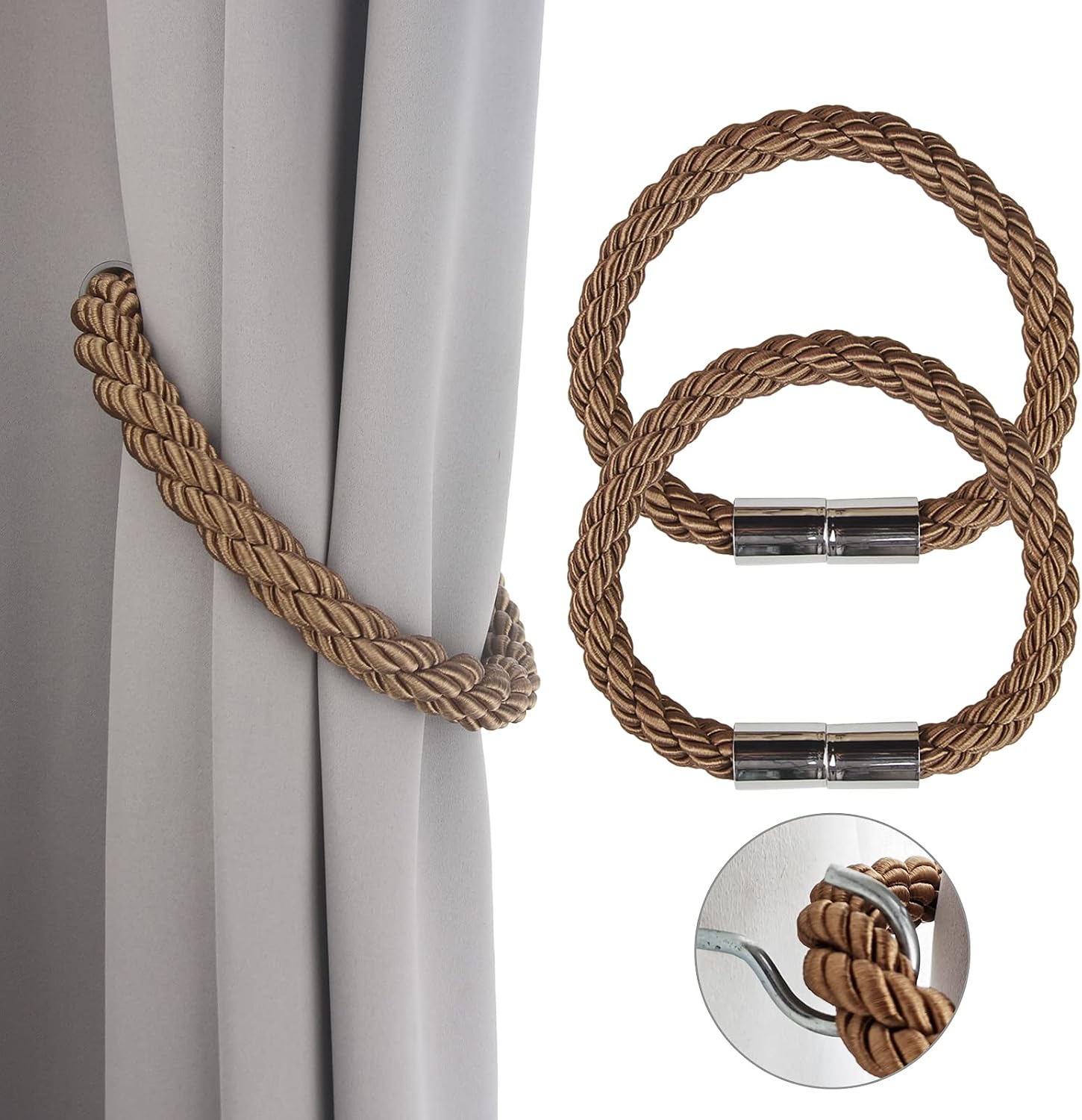 Porlau 2 Pack Strong Magnetic Curtain Tiebacks Khaki Decorative Rope Holdbacks 19.7in Convenient Ties Backs for Thin or Thick Window Draperies with Metal Hooks, Slightly Heavy